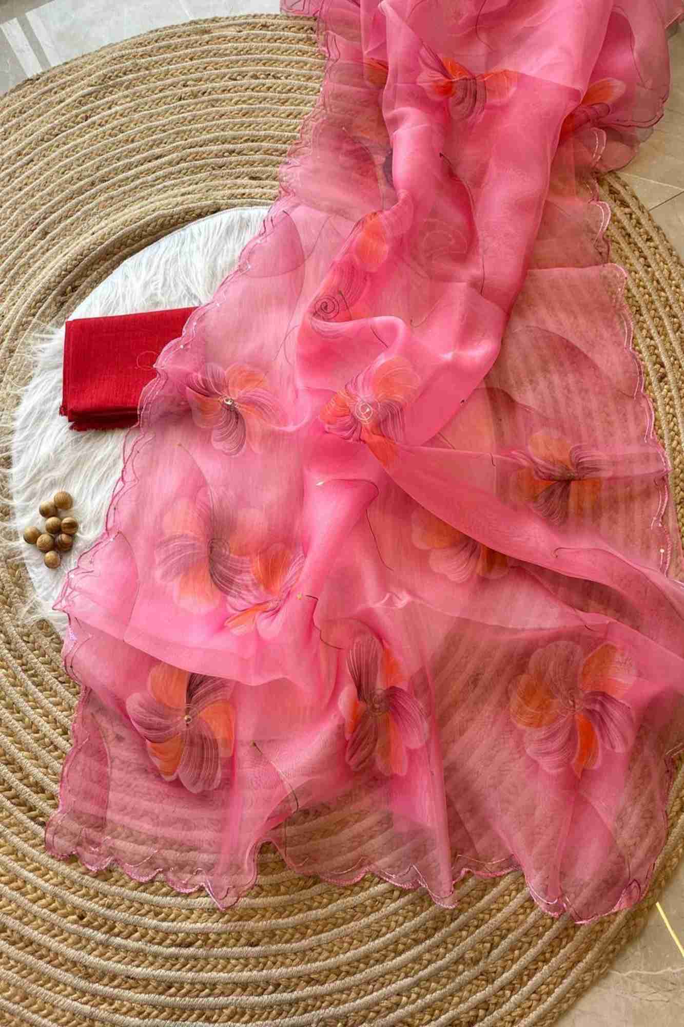 Floral Hand Painted Organza Silk Ready to Wear Saree