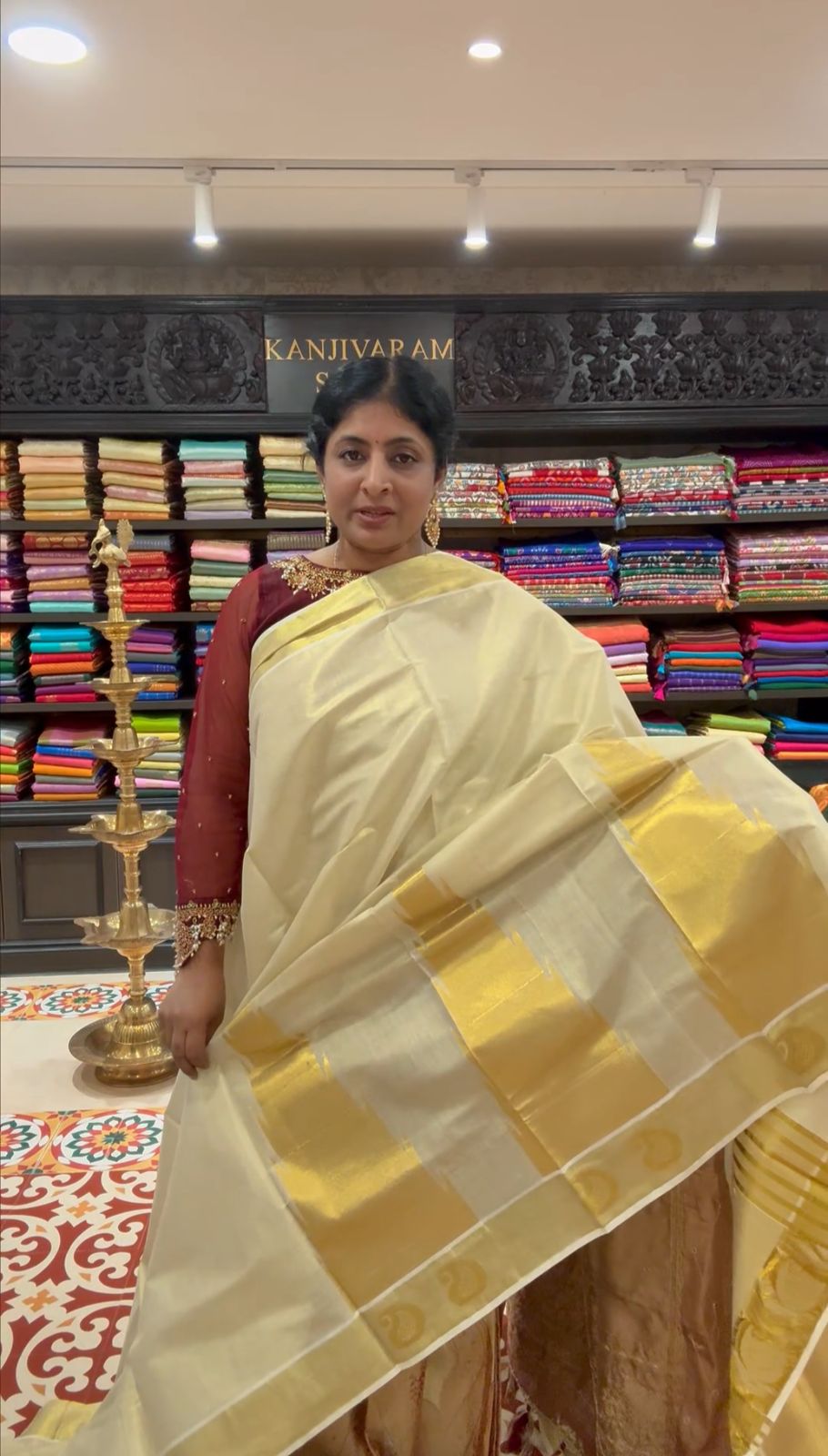 Tissue Cotton Saree with Elongated Temple Zari Motifs | Shobitam