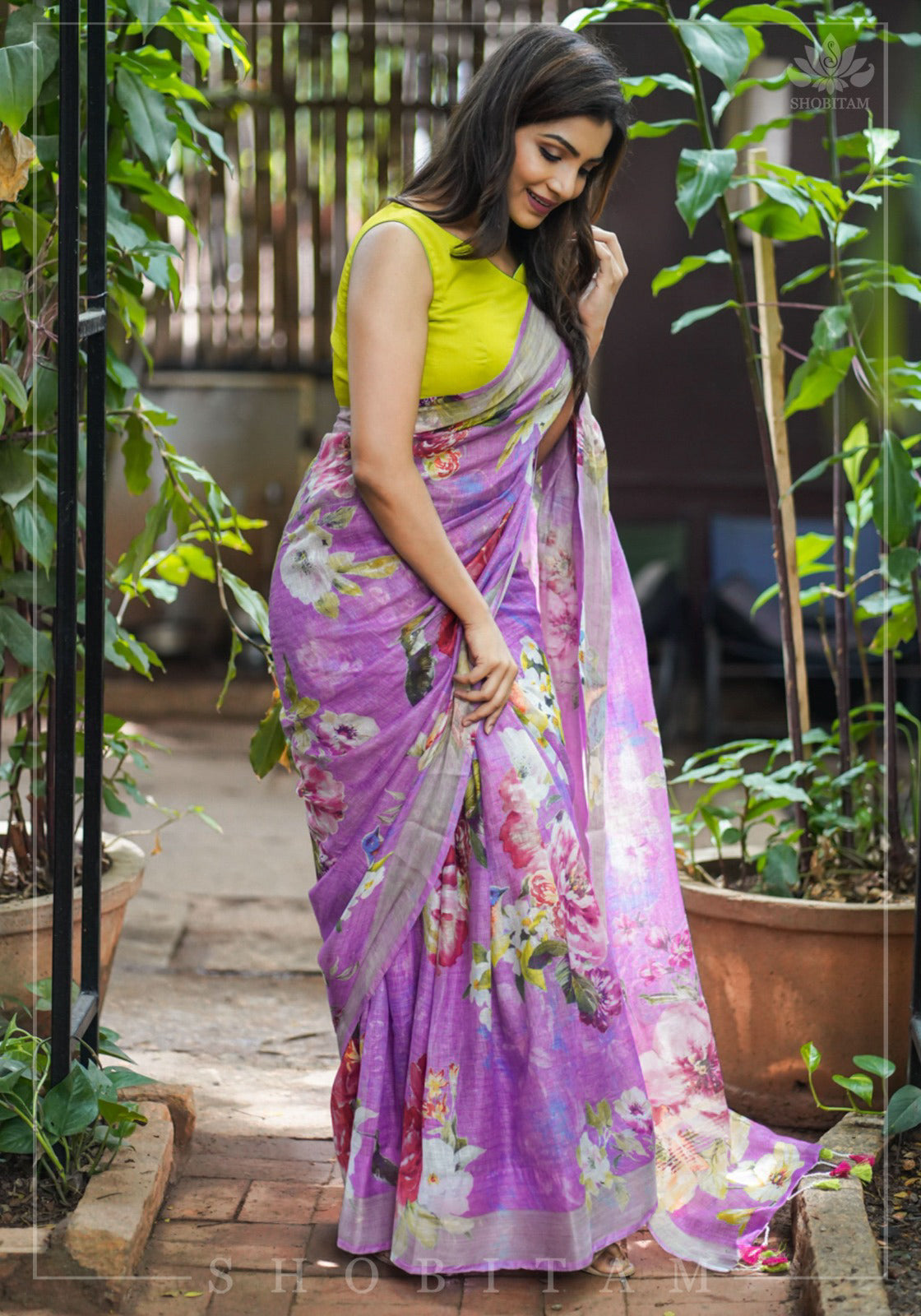 Periwinkle Linen Saree with Floral Digital Print | Shobitam