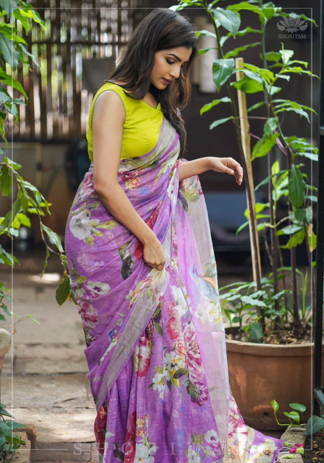 Periwinkle Linen Saree with Floral Digital Print | Shobitam