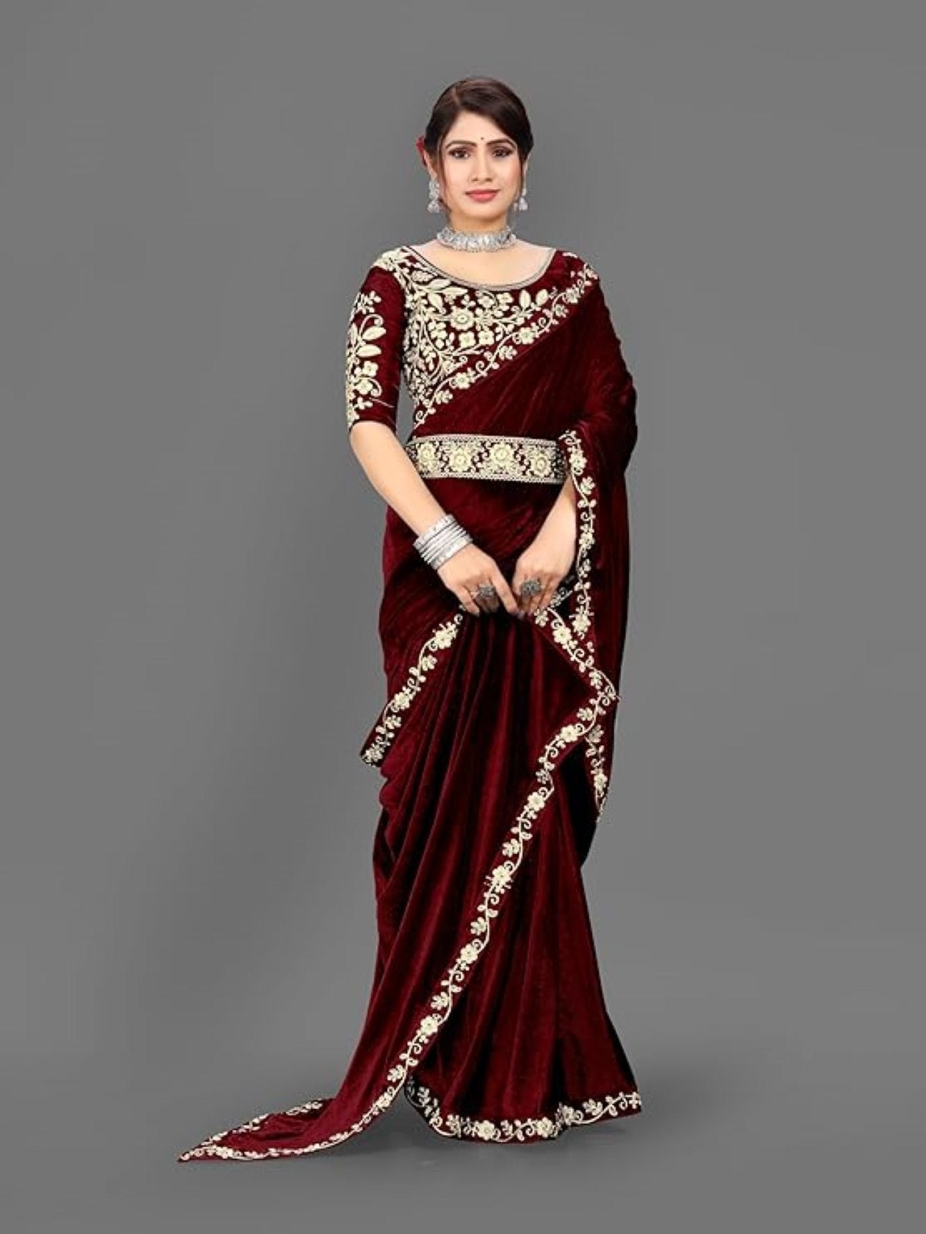 Velvet Embroidered Saree with Sequins Cording Lace Border Ready To Wear Saree with stitched blouse