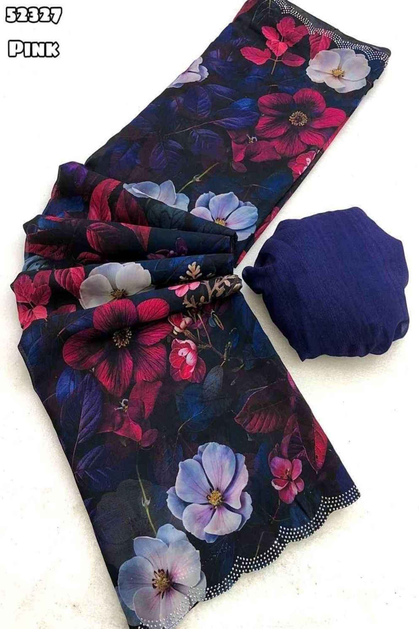 Chiffon Digital Floral Printed with Scalloped Embellished Border Ready To Wear Saree