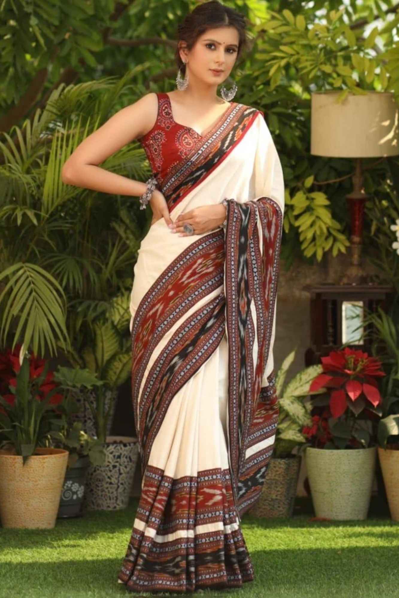 Cotton Ajrakh in Off-White with Rust & Black Vegetable-Dyed Ready To Wear Saree