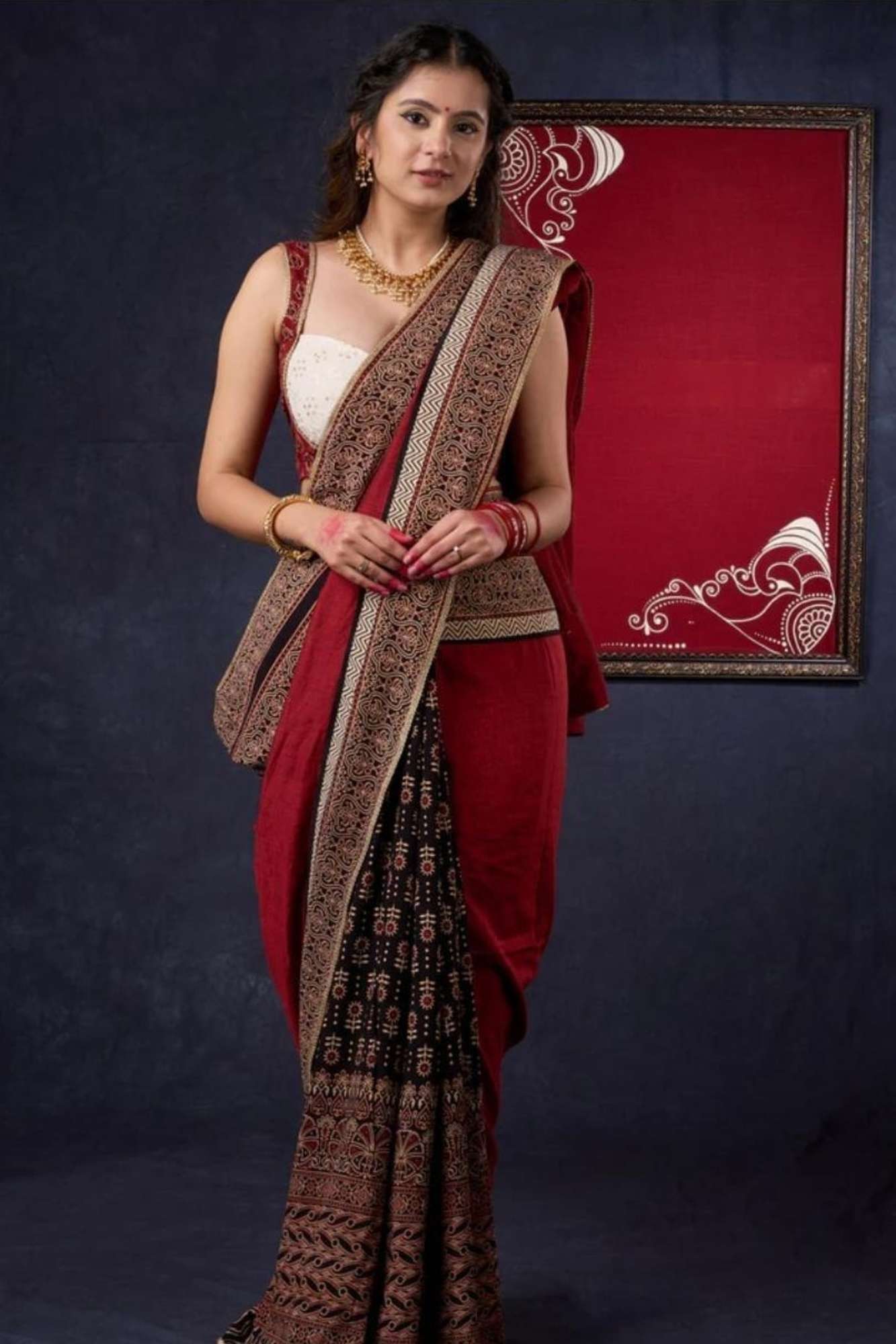 Red & Black Ajrakh Cotton with Rust-Toned Border Ready To Wear Saree
