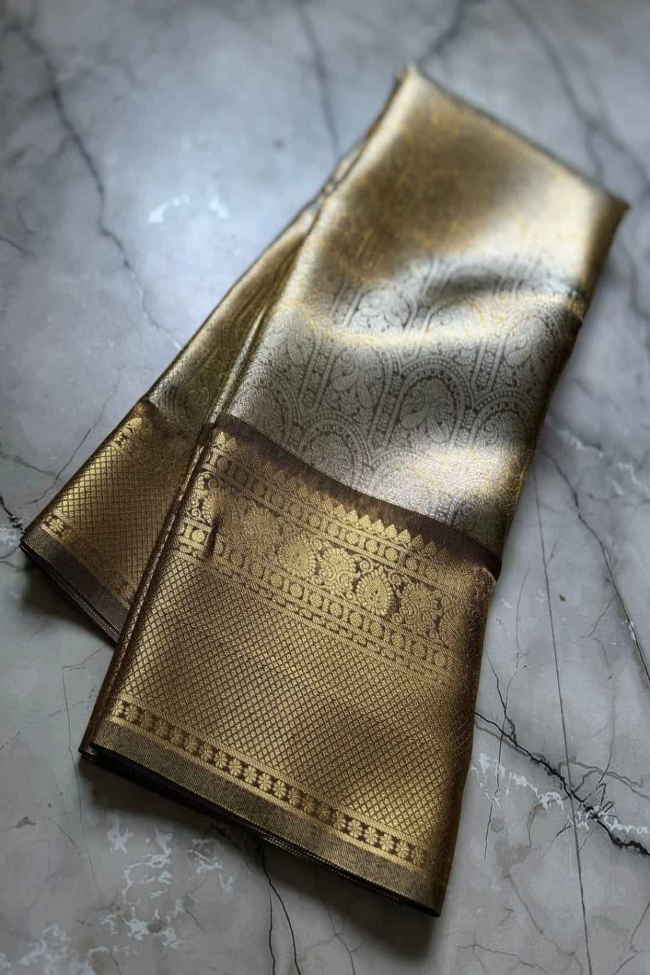 Soft Tissue Silk with Banarasi Motifs & Golden Zari Border Ready To Wear Saree