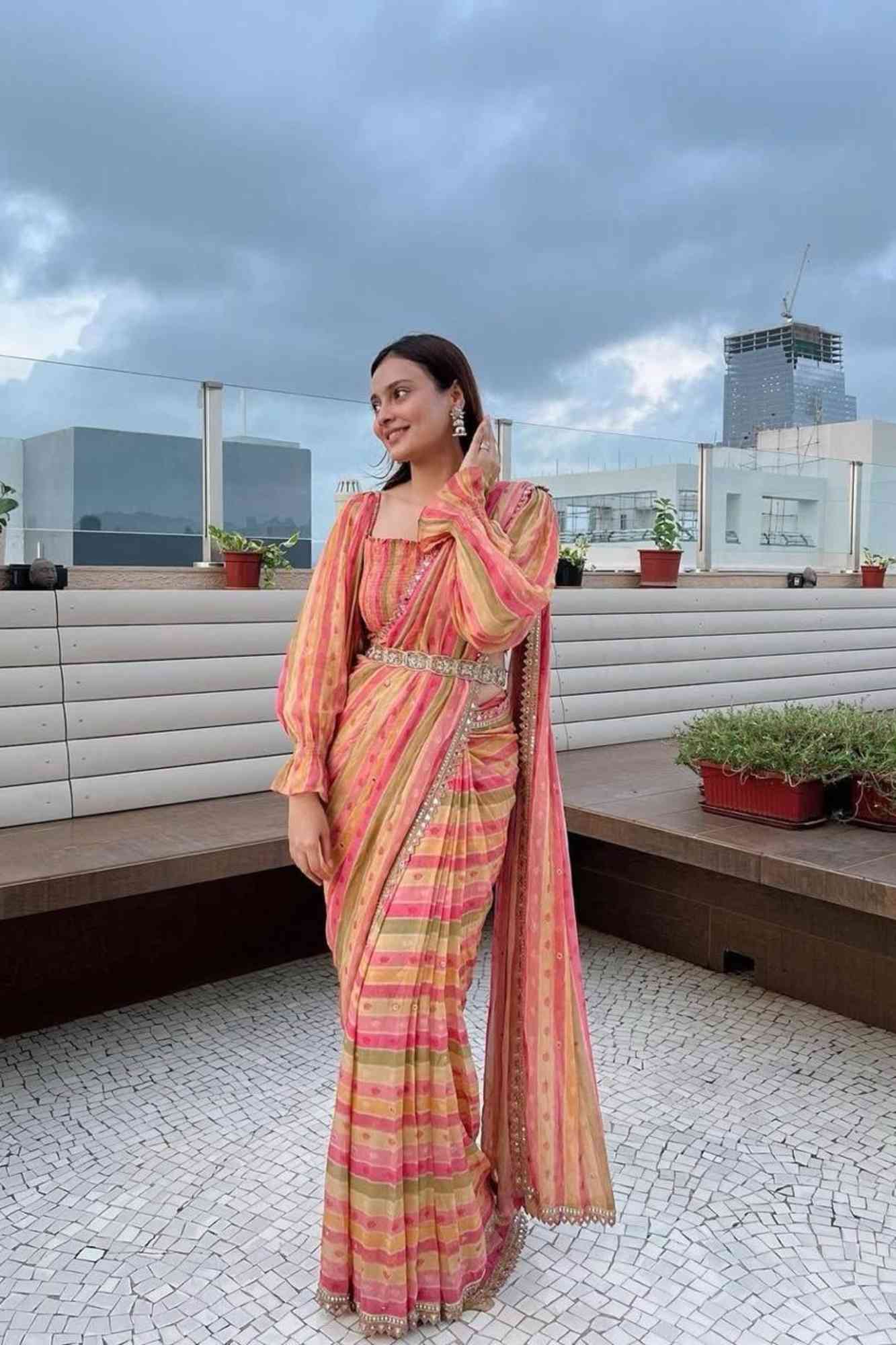 Multicolor Georgette Striped with Gota Patti Work & Tassel Ready To Wear Saree