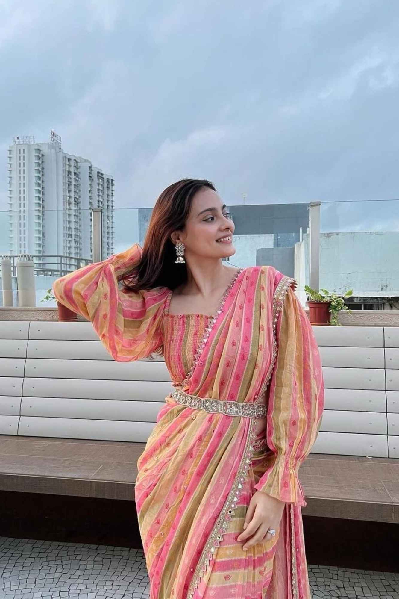 Multicolor Georgette Striped with Gota Patti Work & Tassel Ready To Wear Saree