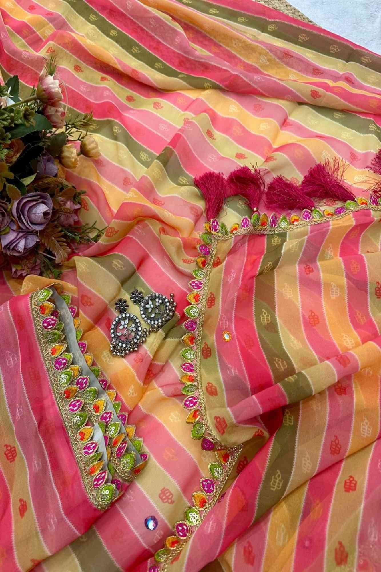 Multicolor Georgette Striped with Gota Patti Work & Tassel Ready To Wear Saree