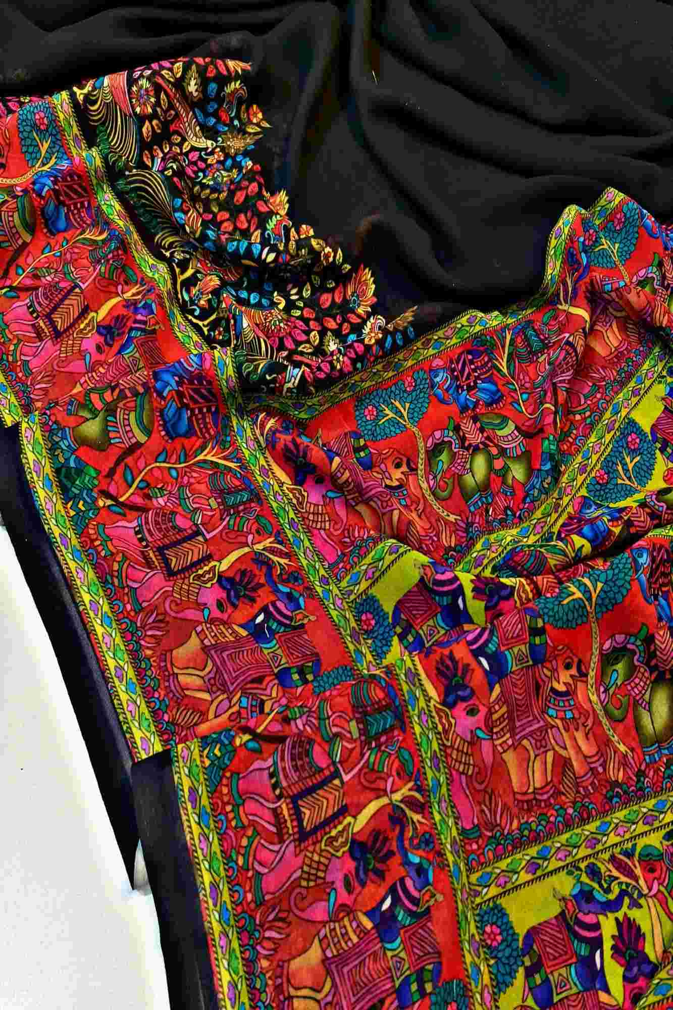 Soft Georgette with intricate floral & animal motif print prestitched ready to wear saree