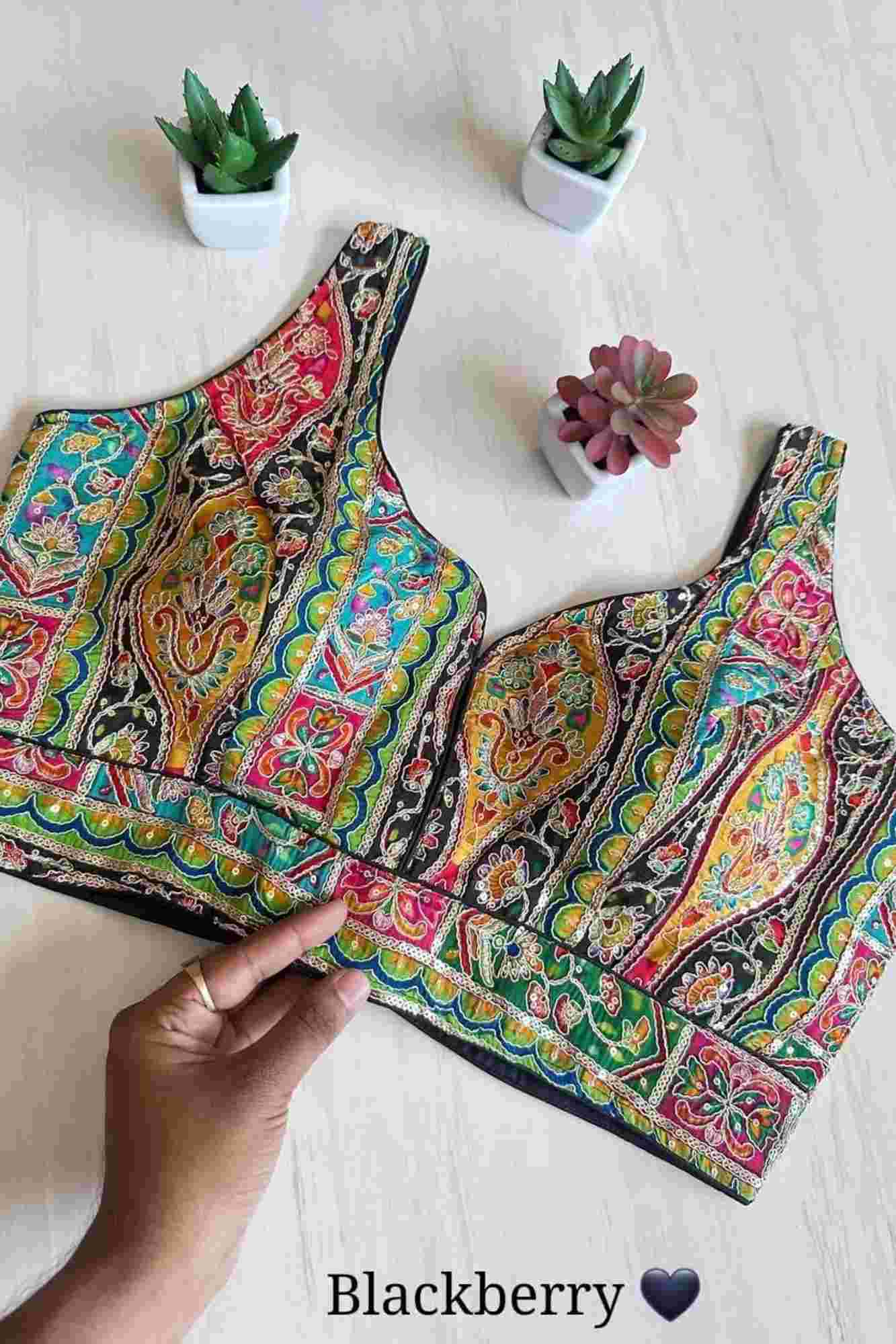 Multi-Color Panel Sleeveless Natural Crepe Blouse with Back Open Ready To Wear Blouse
