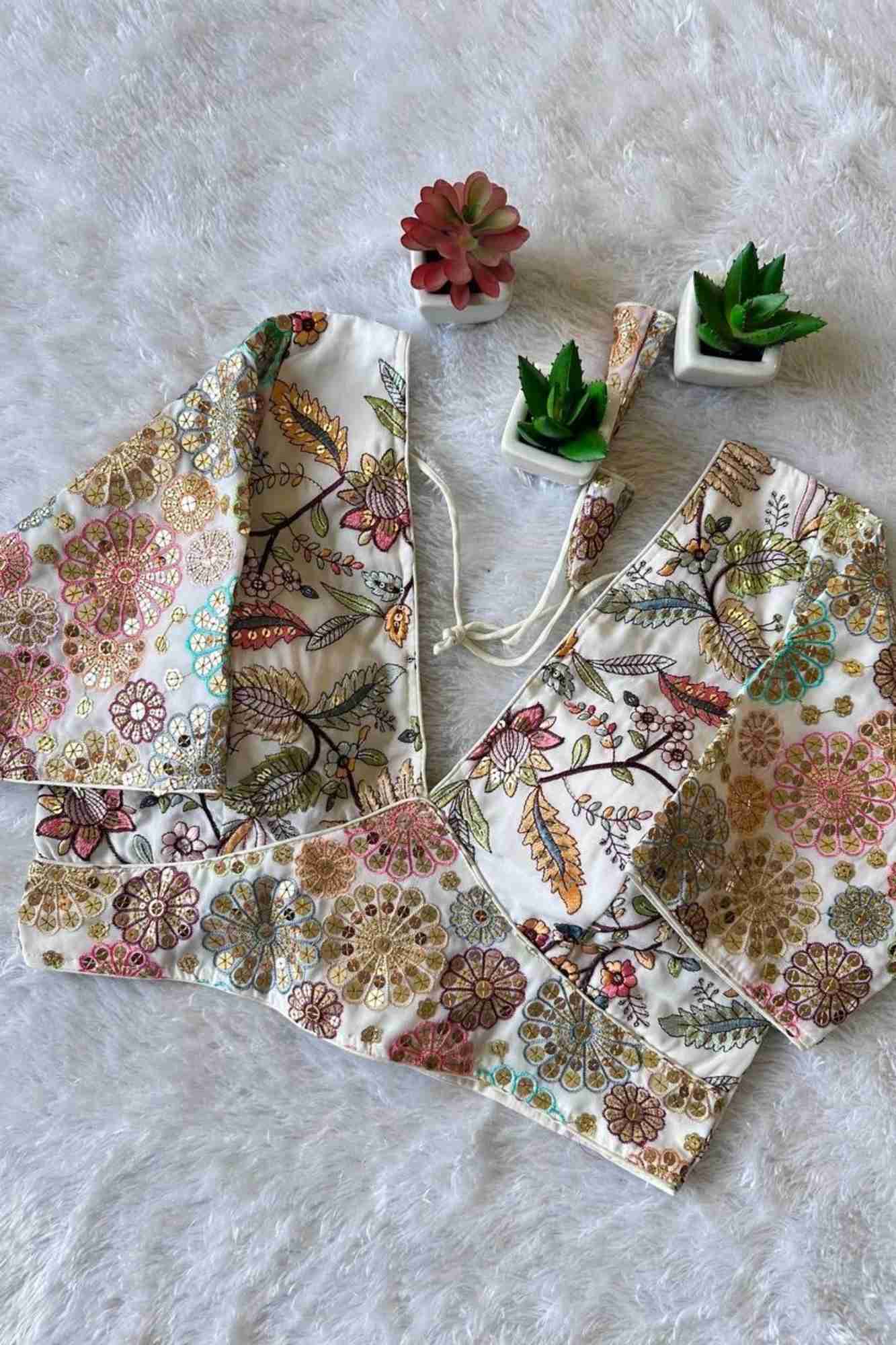 White Georgette Rangoli Embroidered Blouse with 9-Needle Multi Sequin Work Ready to Wear Blouse