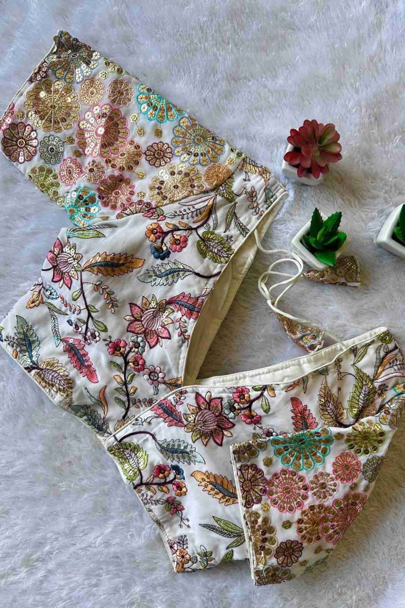 White Georgette Rangoli Embroidered Blouse with 9-Needle Multi Sequin Work Ready to Wear Blouse