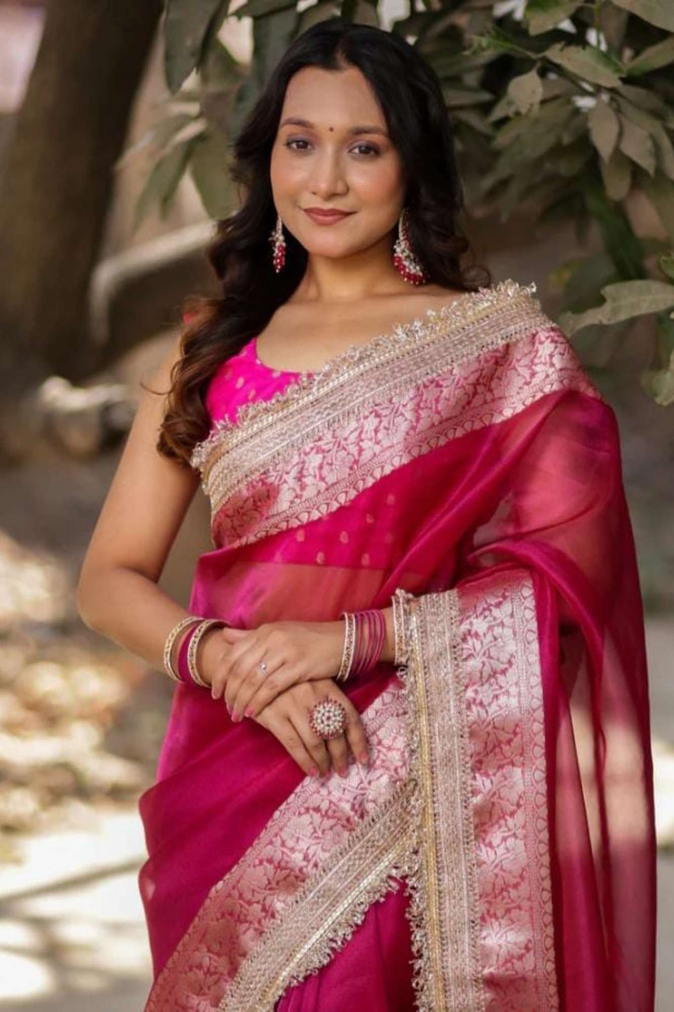 Rani Pink Banarasi-Inspired Tissue Silk with Zari-Embroidered Border Ready To Wear Saree