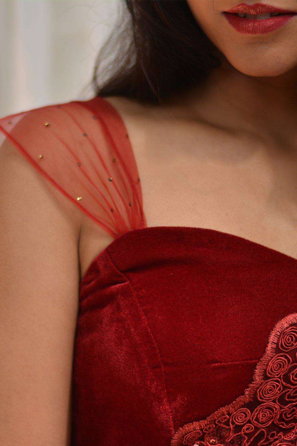 Red velvet Blouse with Net fan strap | SHOBITAM