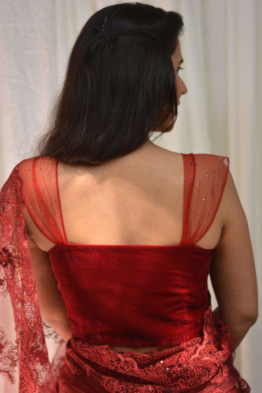 Red velvet Blouse with Net fan strap | SHOBITAM