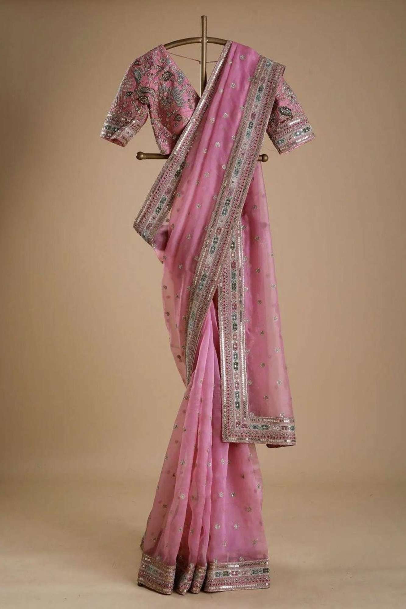 Rose Pink Tissue Silk with Intricate Mirror Embellished Border Ready To Wear Saree