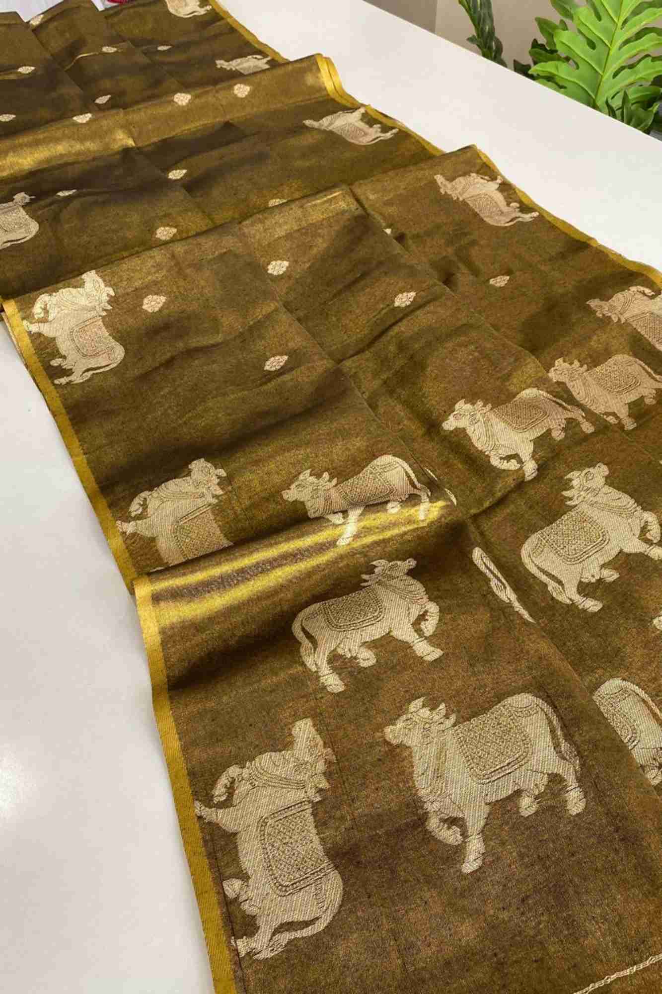Green Zari Tissue with Intricate Nandi Motifs Ready To Wear Saree