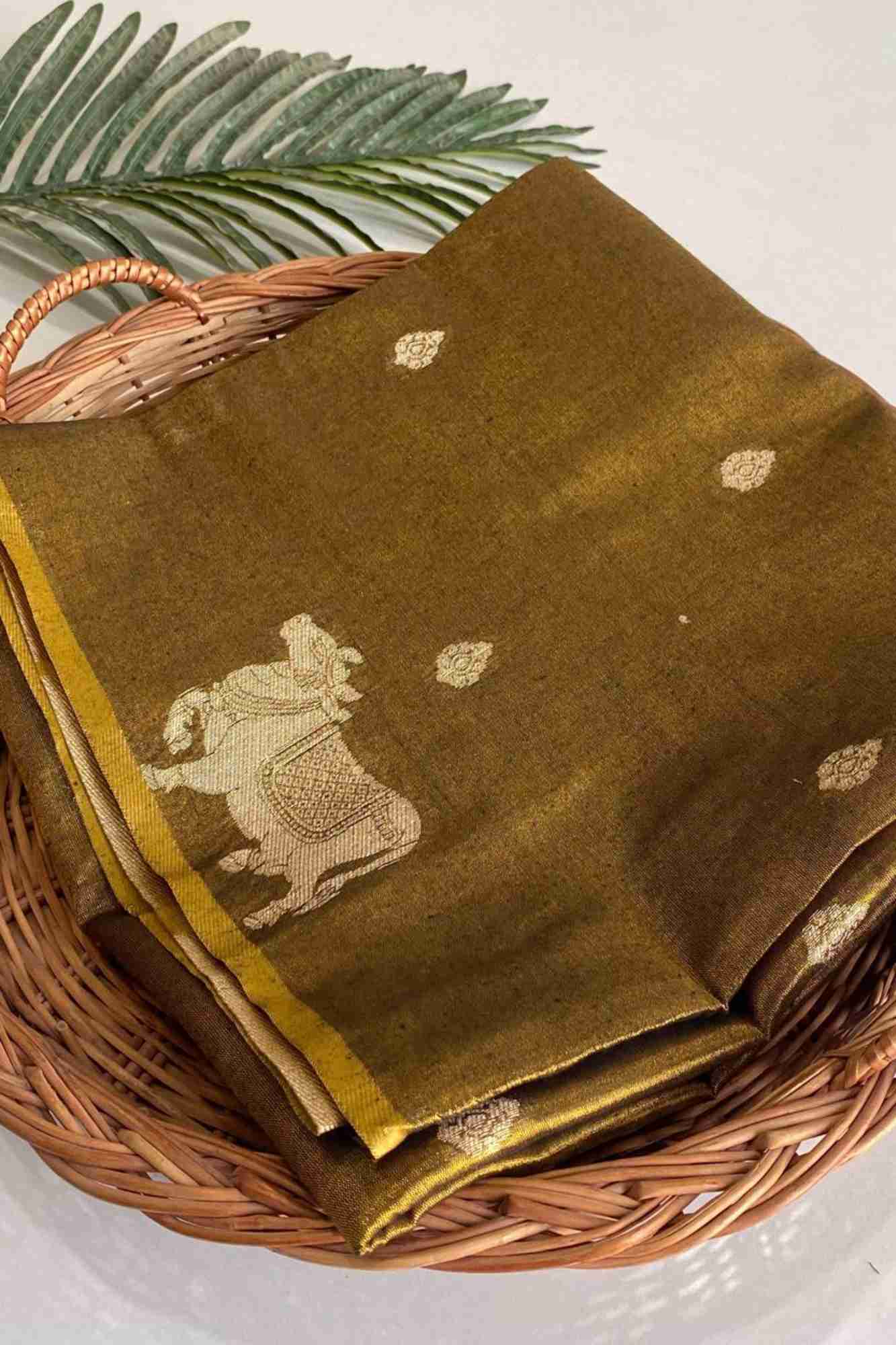 Green Zari Tissue with Intricate Nandi Motifs Ready To Wear Saree