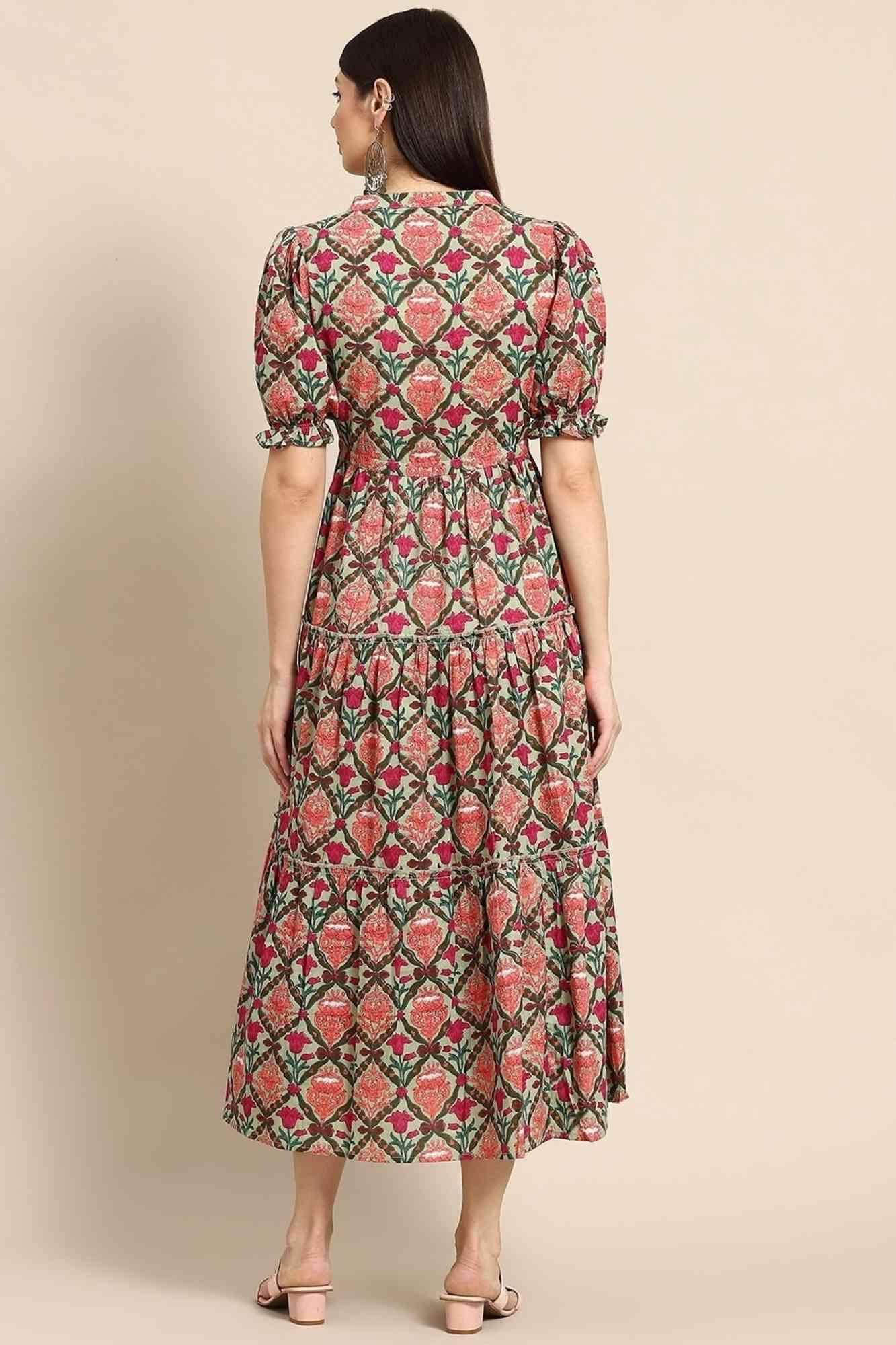 Floral Printed Rayon  Cotton Tiered Anarkali Kurti with Puff Sleeves