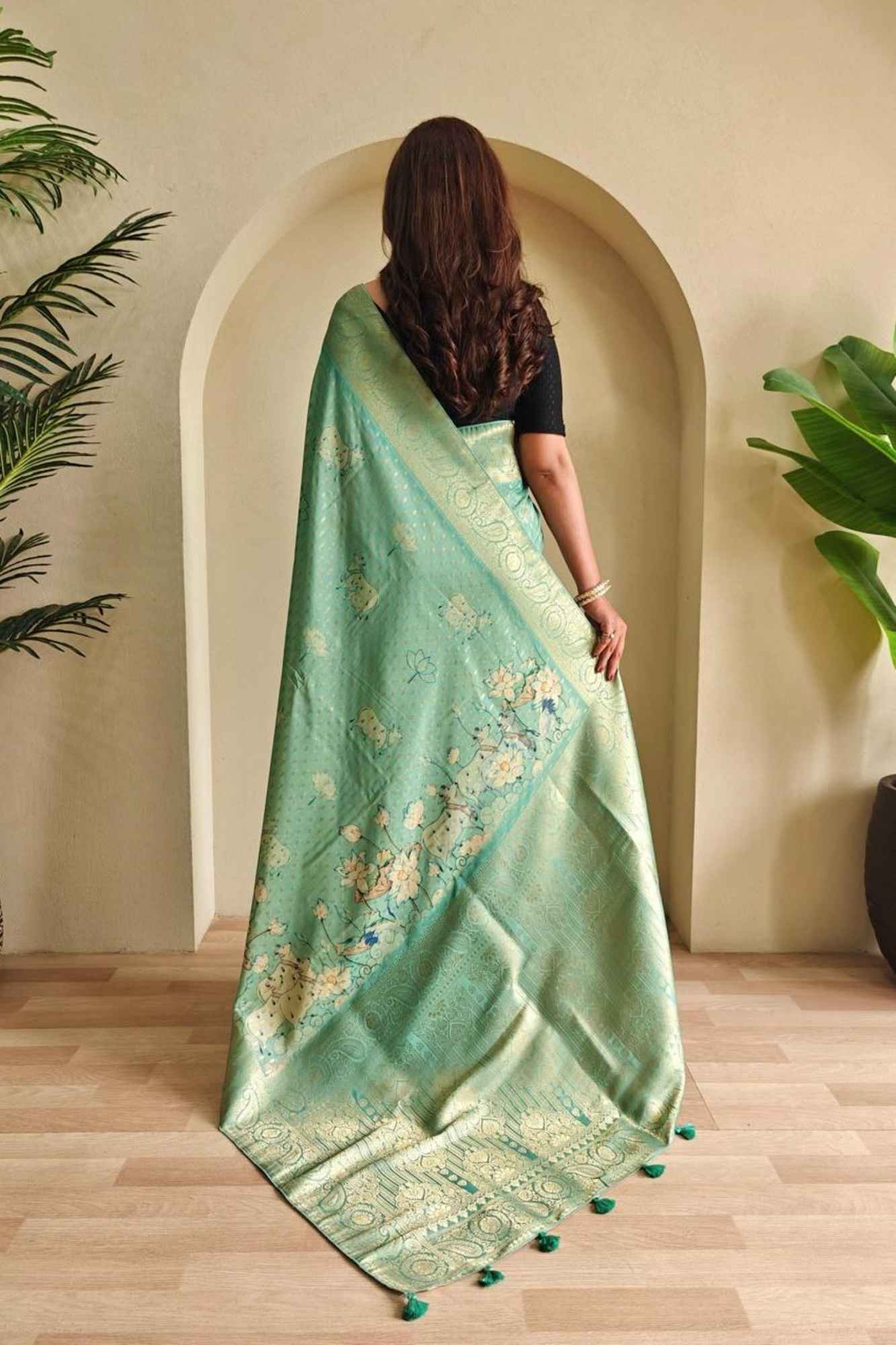 Viscose Georgette with Woven Detailing, Digital Prints & Tassels Ready To Wear Saree