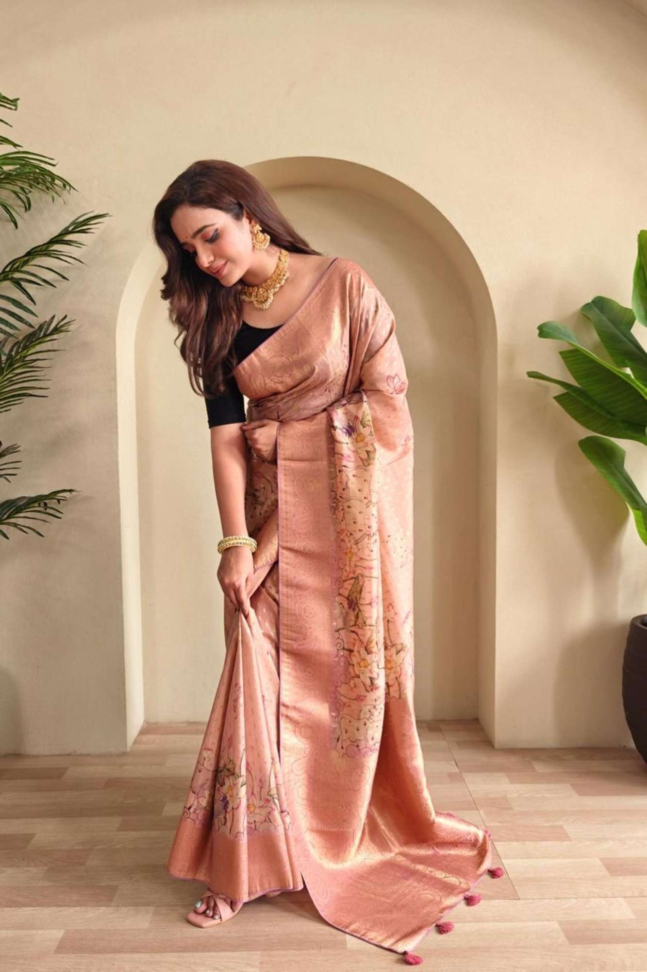 Peach Viscose Georgette Silk with Woven Detailing, Digital Prints & Tassels Ready To Wear Saree