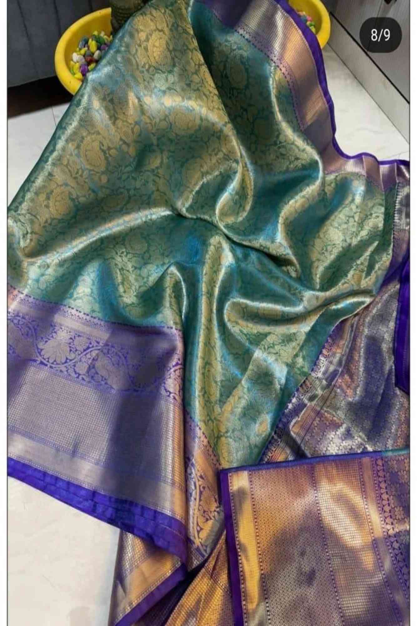 Zari Tissue Silk with Dual-Tone Peacock Motif Border Ready To Wear Saree