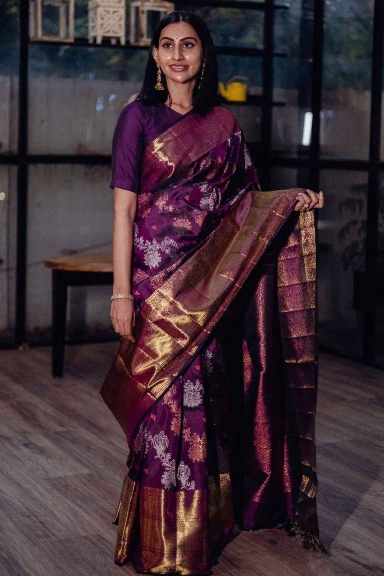 Soft Lichi Silk with Antique Zari & Peacock Motifs Ready To Wear Saree