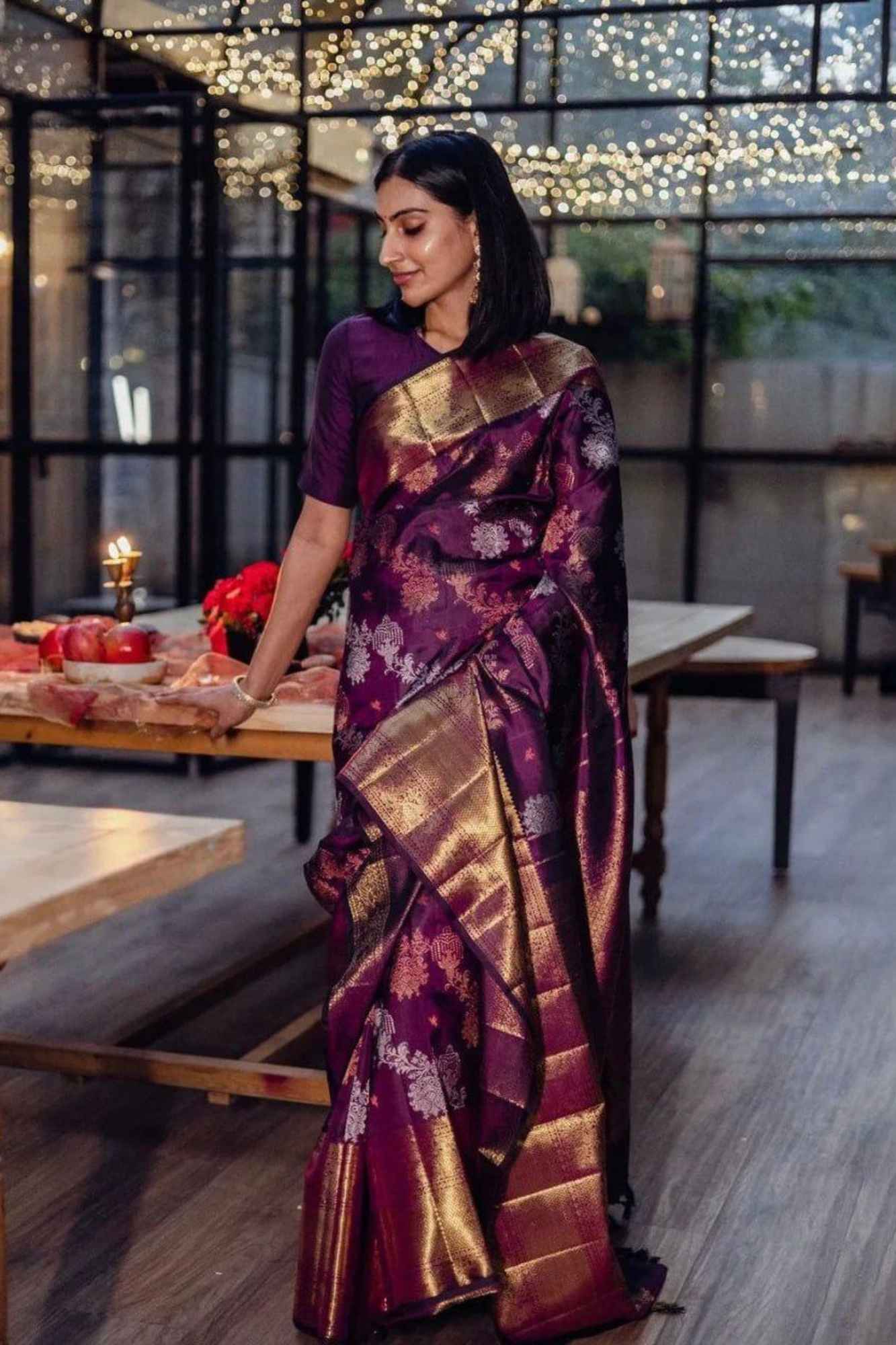 Soft Lichi Silk with Antique Zari & Peacock Motifs Ready To Wear Saree