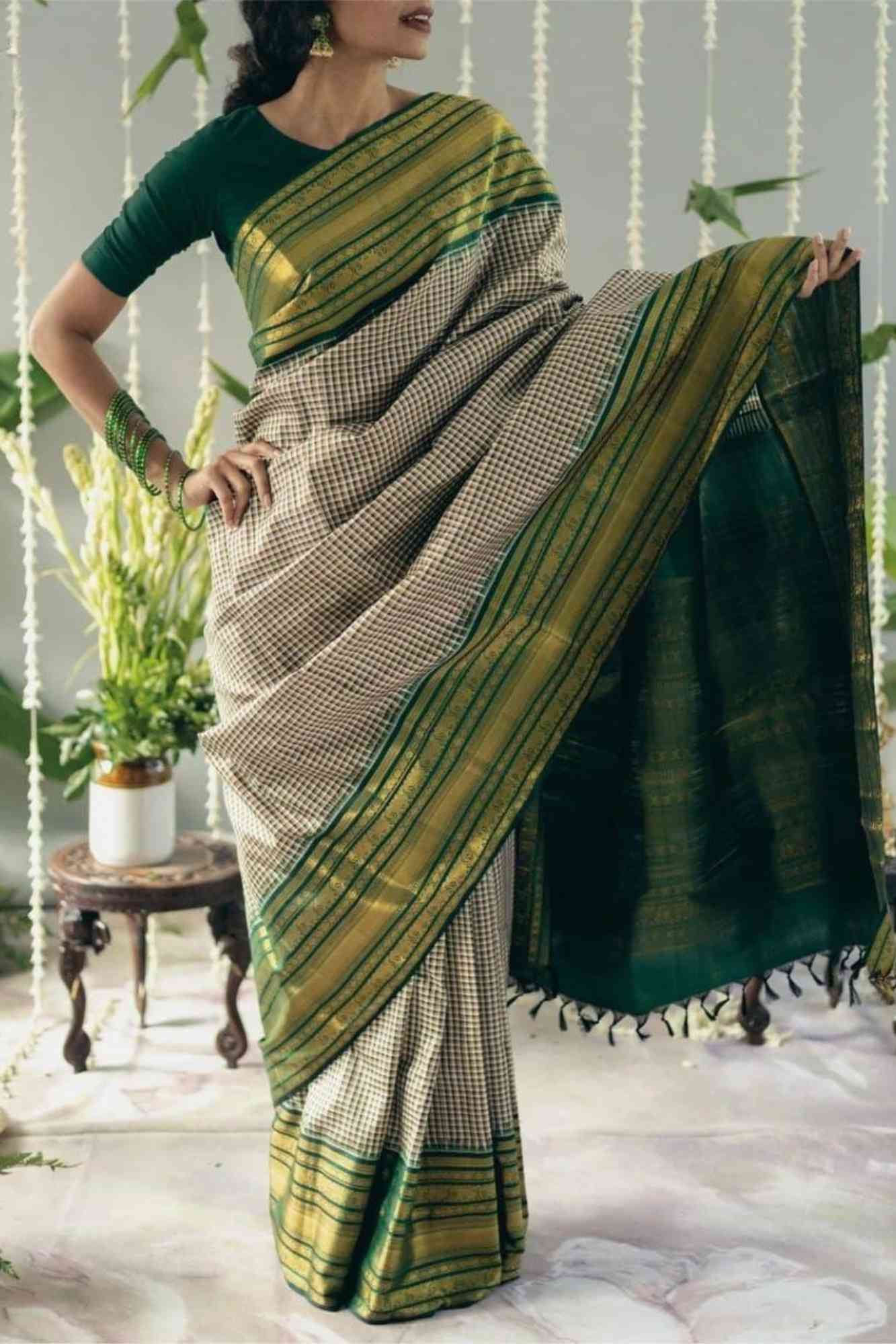 Soft Lichi Silk with Checkered Body and Green Zari Pallu Ready To Wear Saree