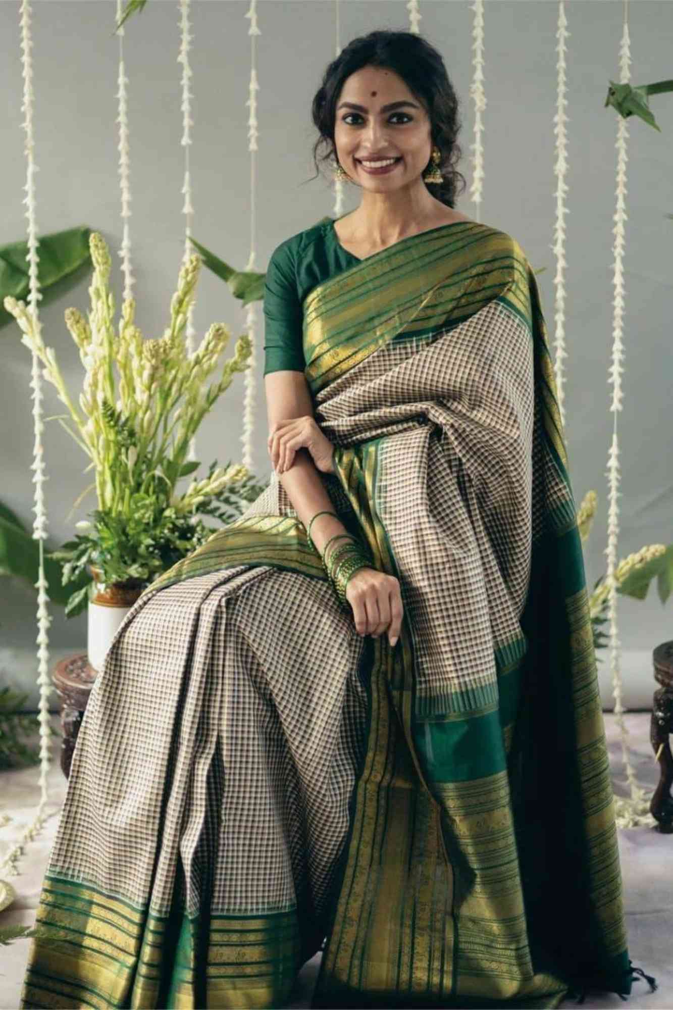 Soft Lichi Silk with Checkered Body and Green Zari Pallu Ready To Wear Saree