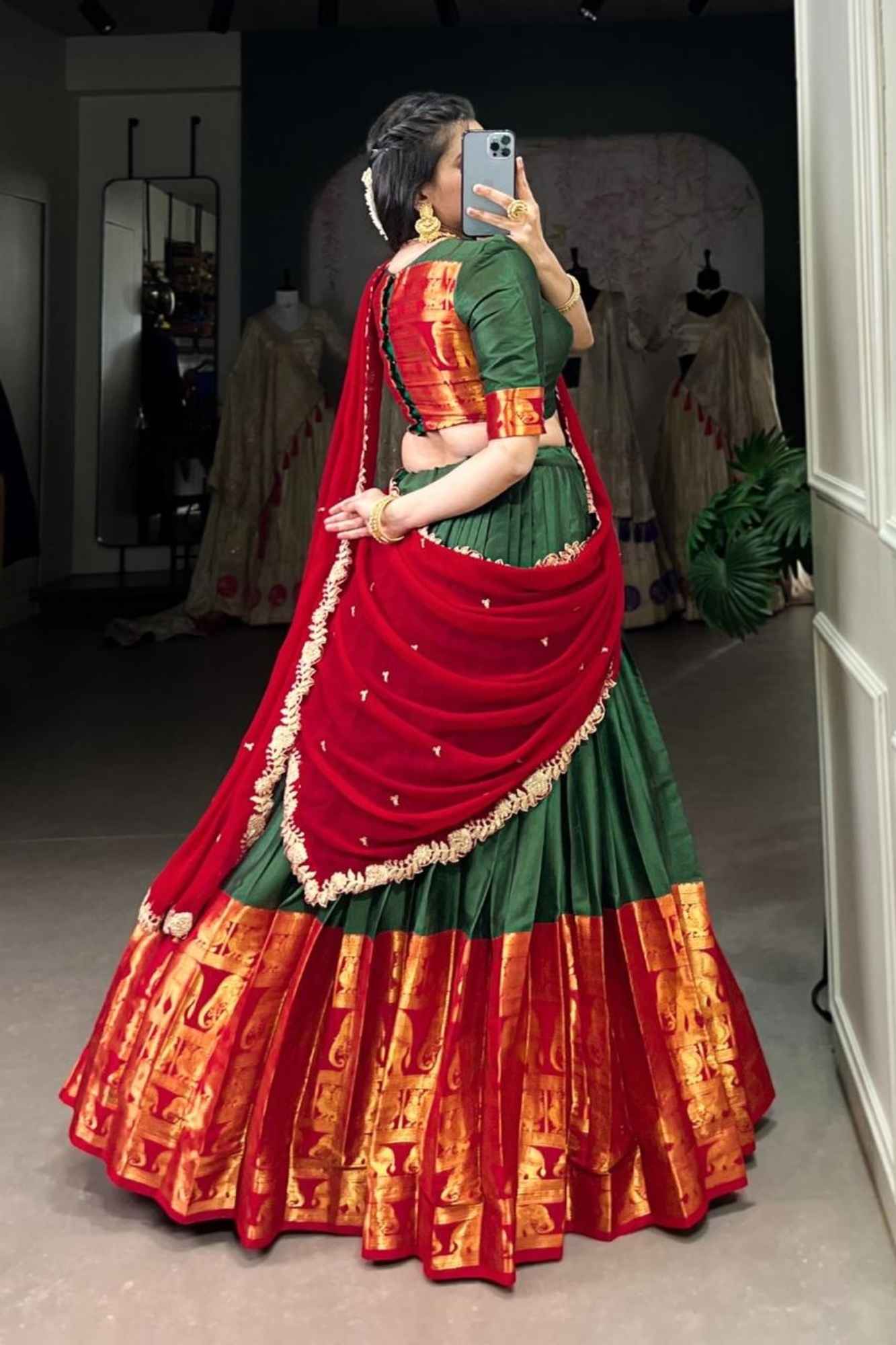 Regal South Silhouette: Emerald Narayan Pattu Lehenga with Temple Zari & Crimson Drape
