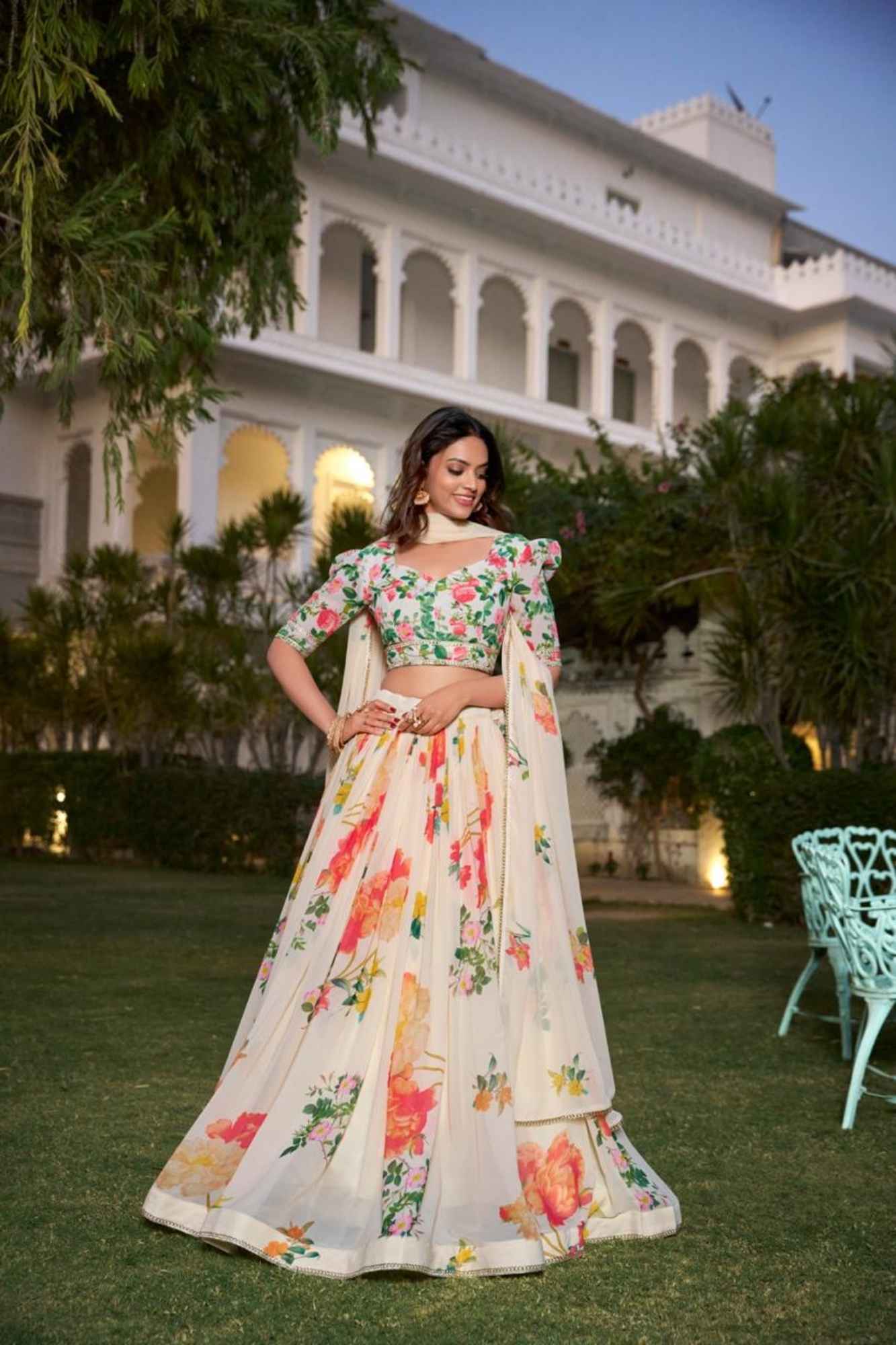 Ivory Garden Bloom: Floral Printed Georgette Lehenga Set