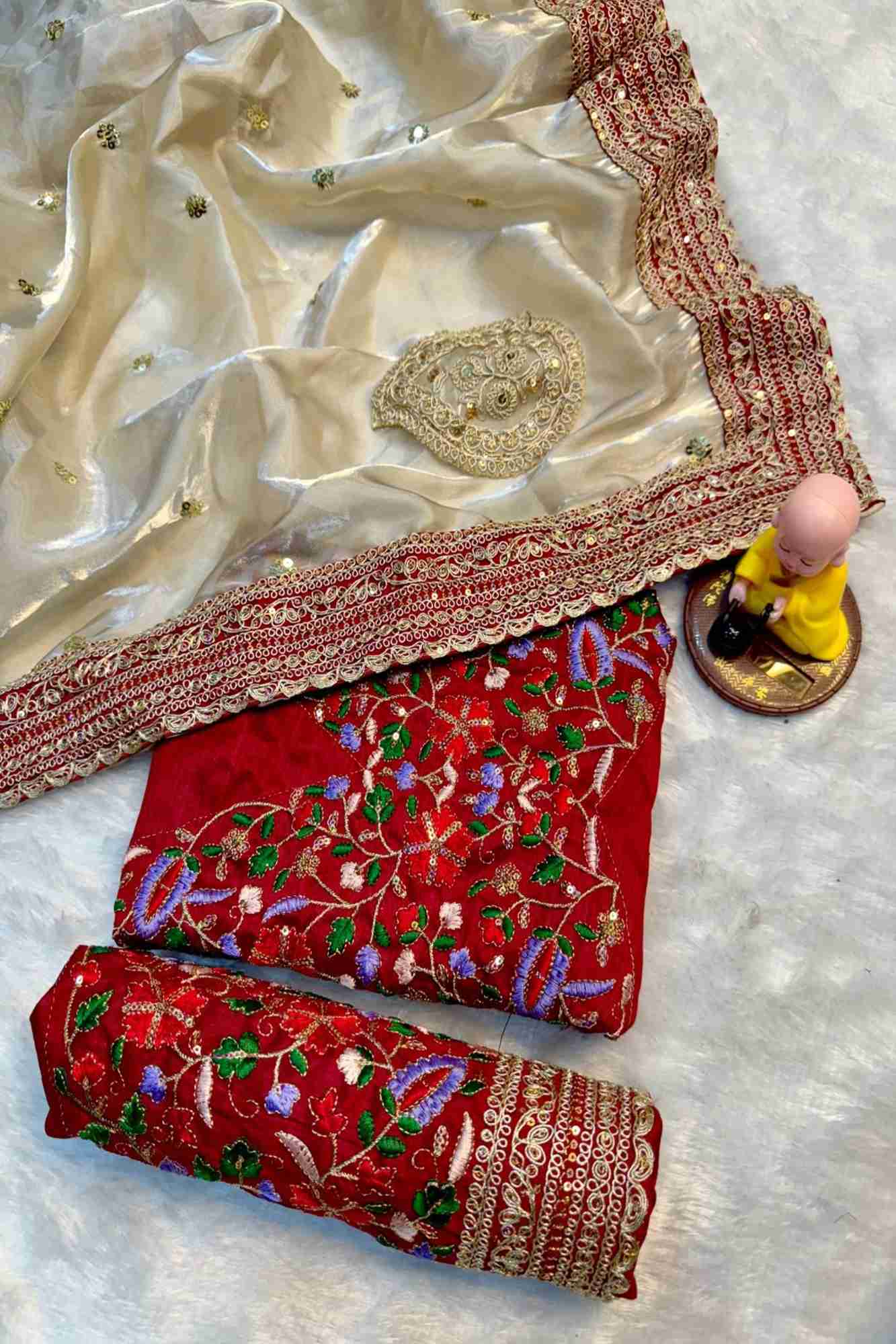 Jimi Chu Fabric with Embroidery Lace Border & Sequin Butti Work Ready To Wear Saree