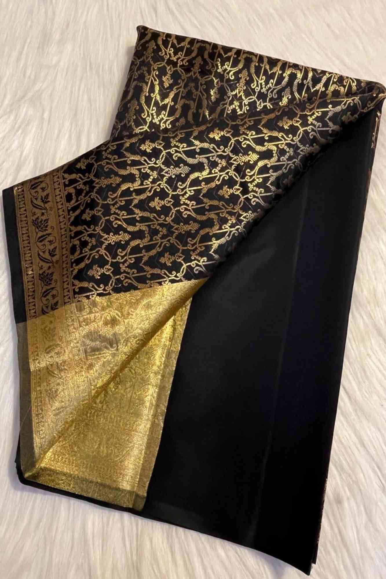 Black and Gold Katan Silk Inspired with Zari Weave Ready To Wear Saree