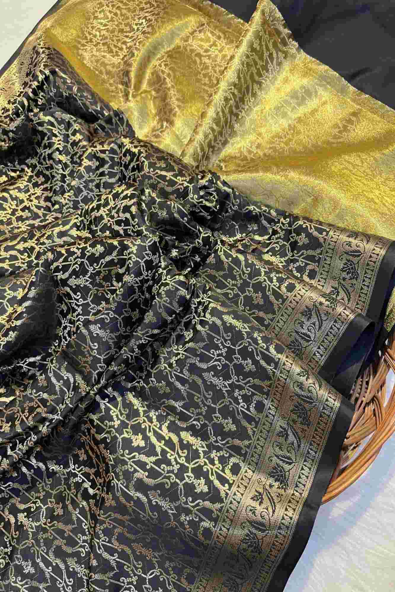 Black and Gold Katan Silk Inspired with Zari Weave Ready To Wear Saree