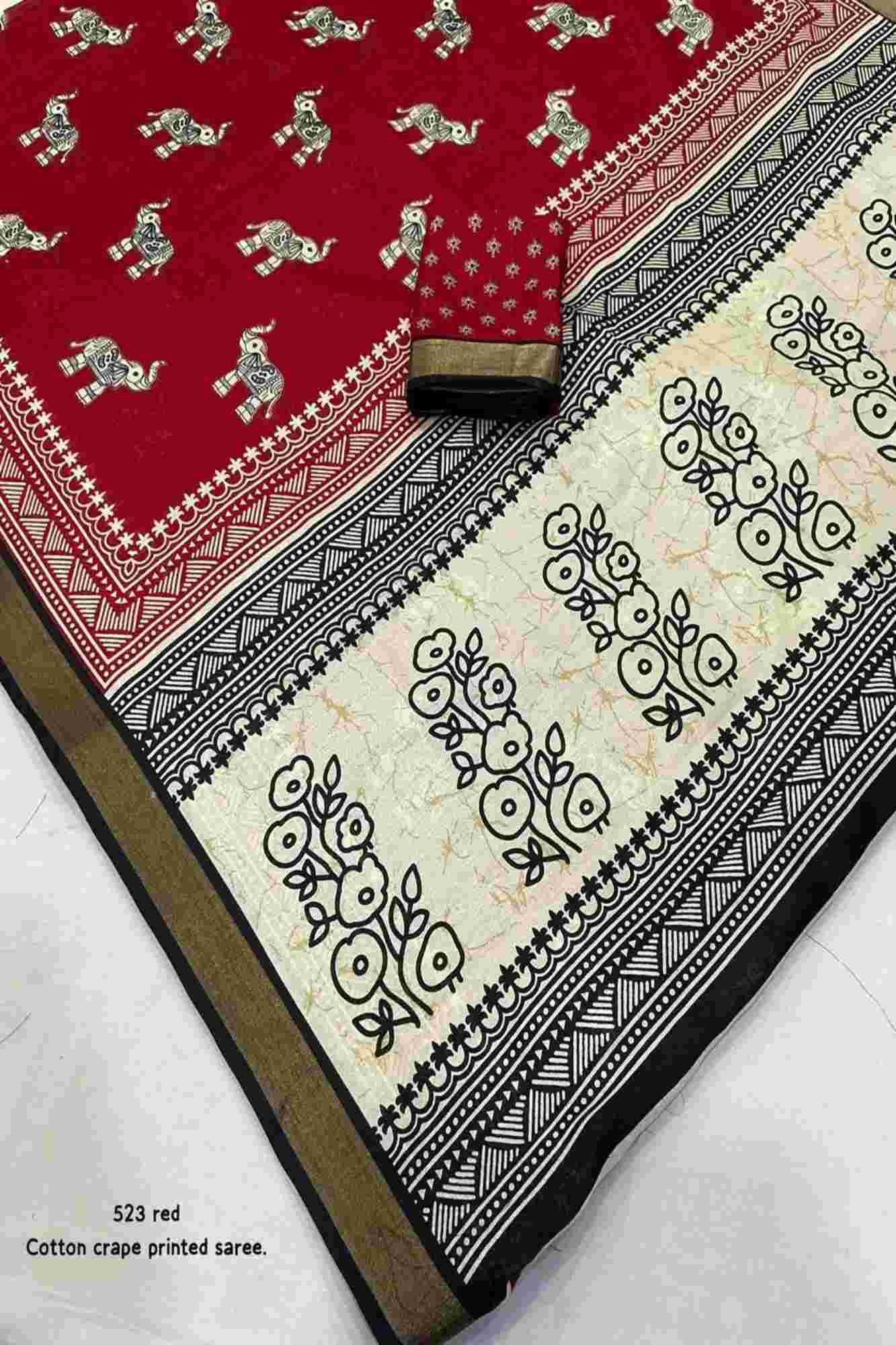 Crepe Cotton with Traditional Elephant & Floral Block Prints Ready To Wear saree