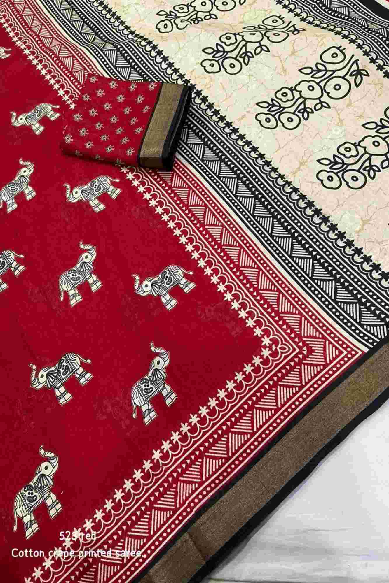Crepe Cotton with Traditional Elephant & Floral Block Prints Ready To Wear saree