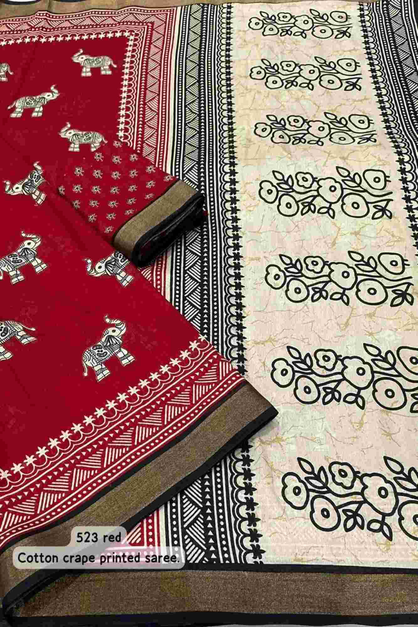 Crepe Cotton with Traditional Elephant & Floral Block Prints Ready To Wear saree