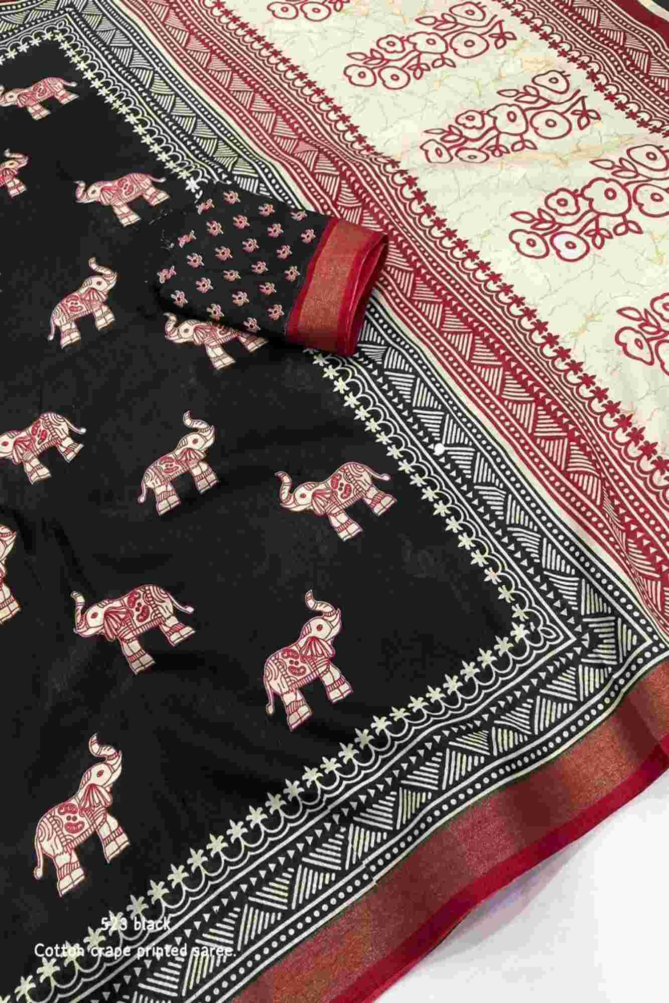 Crepe Cotton with Elephant Print and Traditional Border Ready To Wear Saree