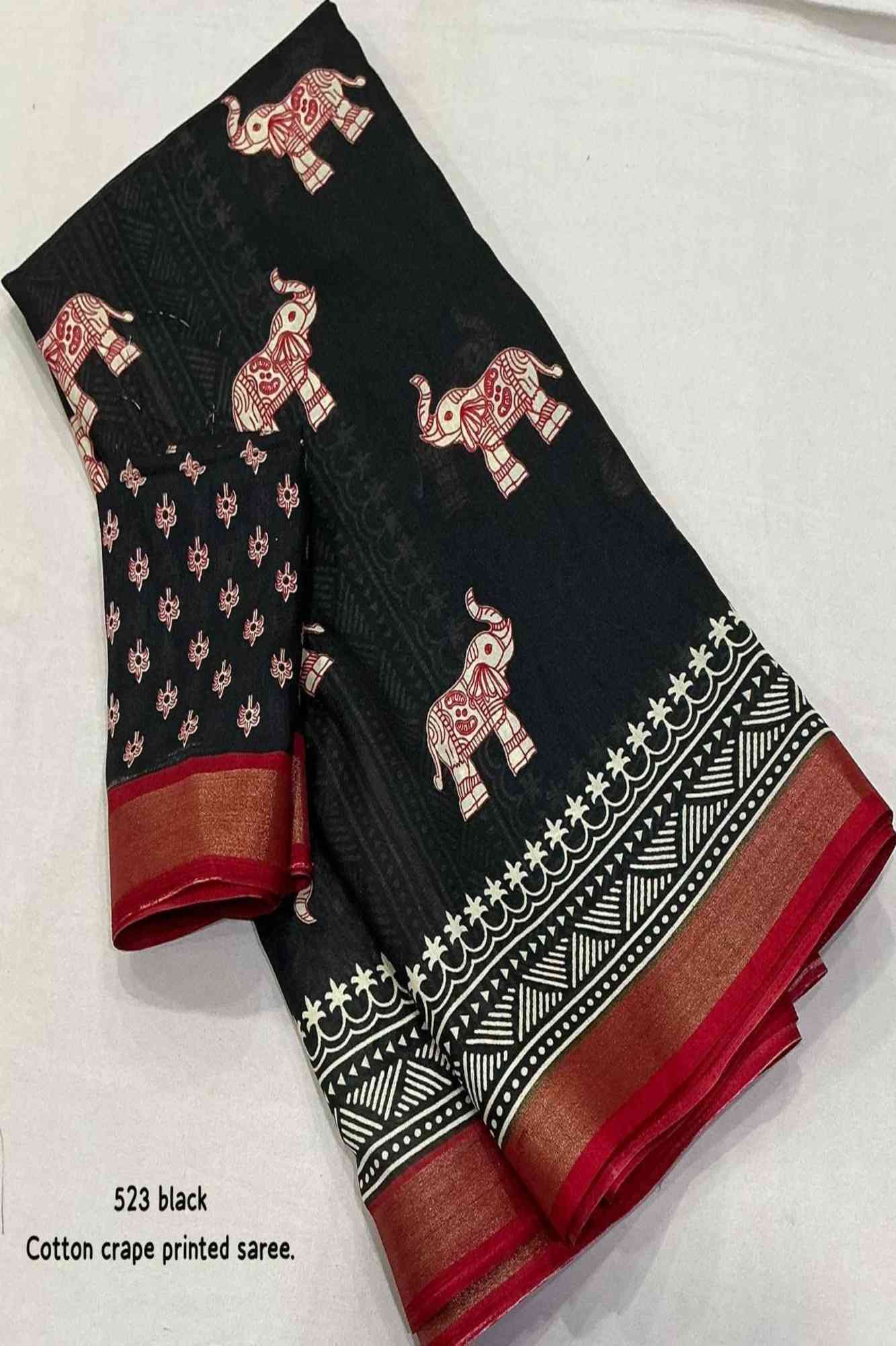 Crepe Cotton with Elephant Print and Traditional Border Ready To Wear Saree