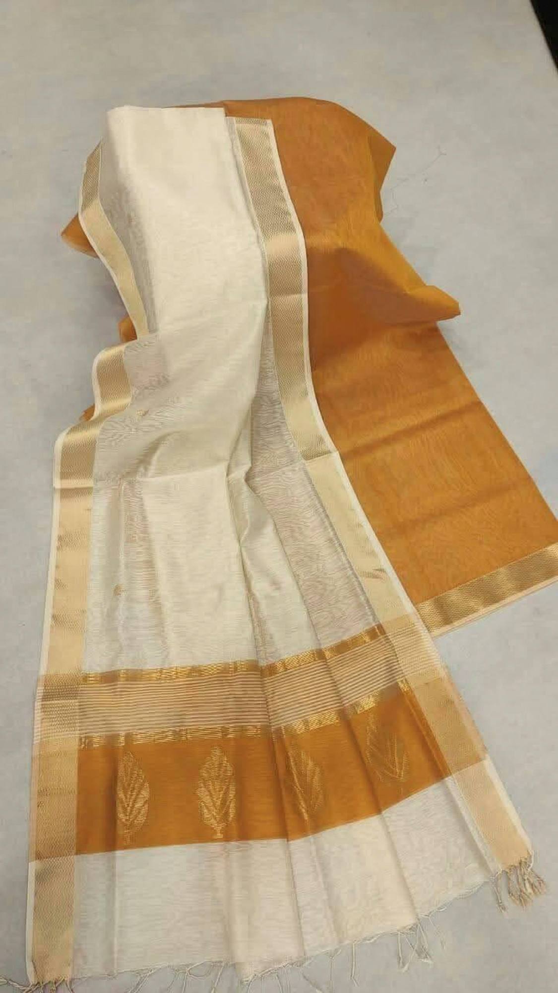 Silk-Cotton with Leaf Motifs and Zari Border Ready To Wear Saree