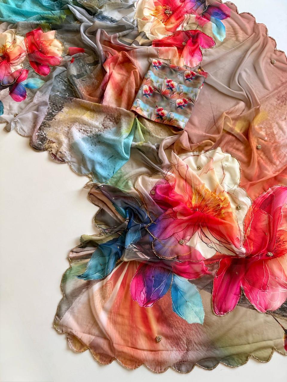 Floral Digital Print and cut Dana  Handwork And Cutwork Border Ready To