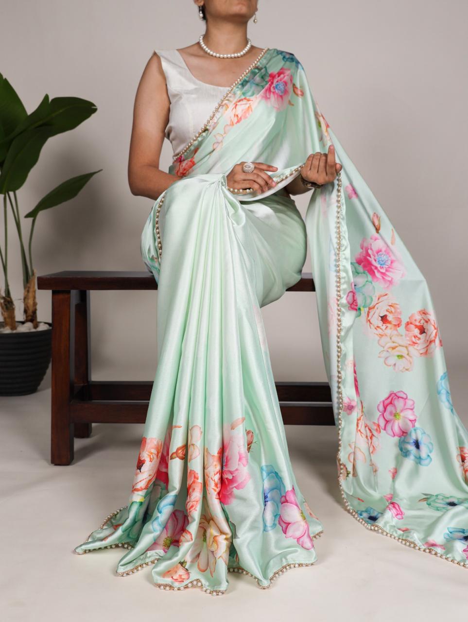 Ready To Wear Saree Floral Printed Soft Satin With Moti Lace
