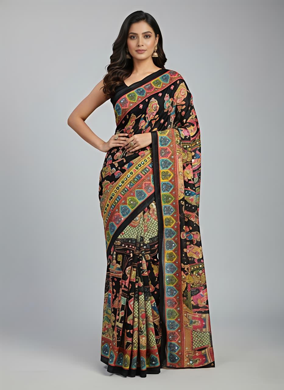 Traditional Heritage and Elephant Print masakali georgette all over  mirror work Ready to Wear Saree