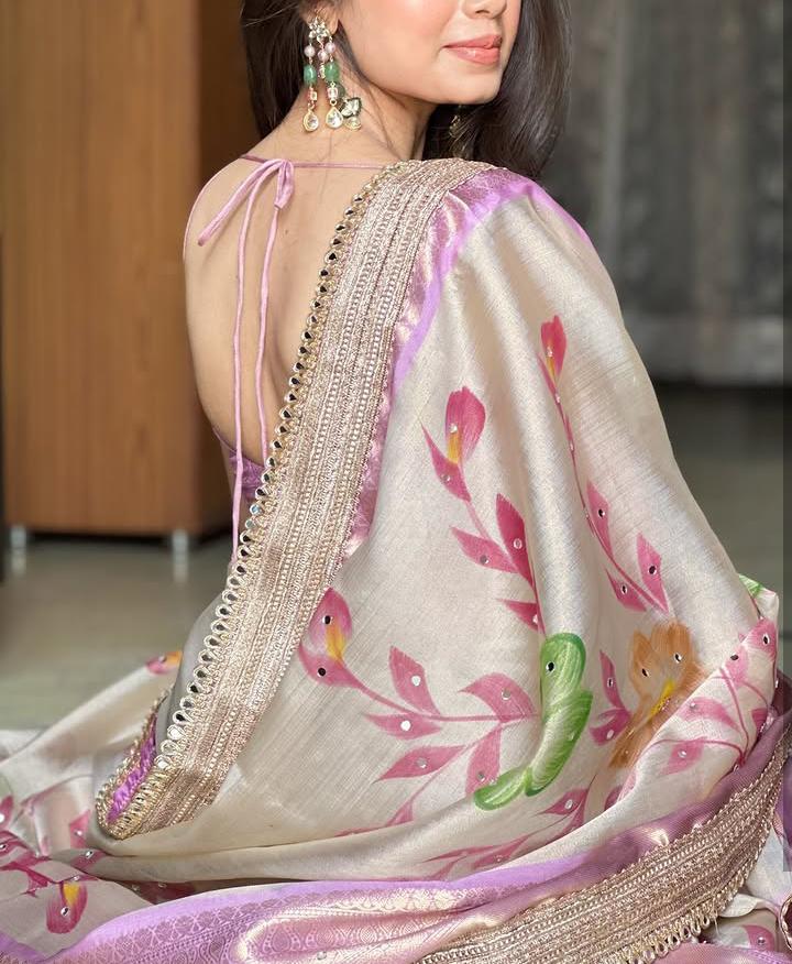 Pastel Floral Silk Blend  with Embroidered Border Ready To Wear Saree