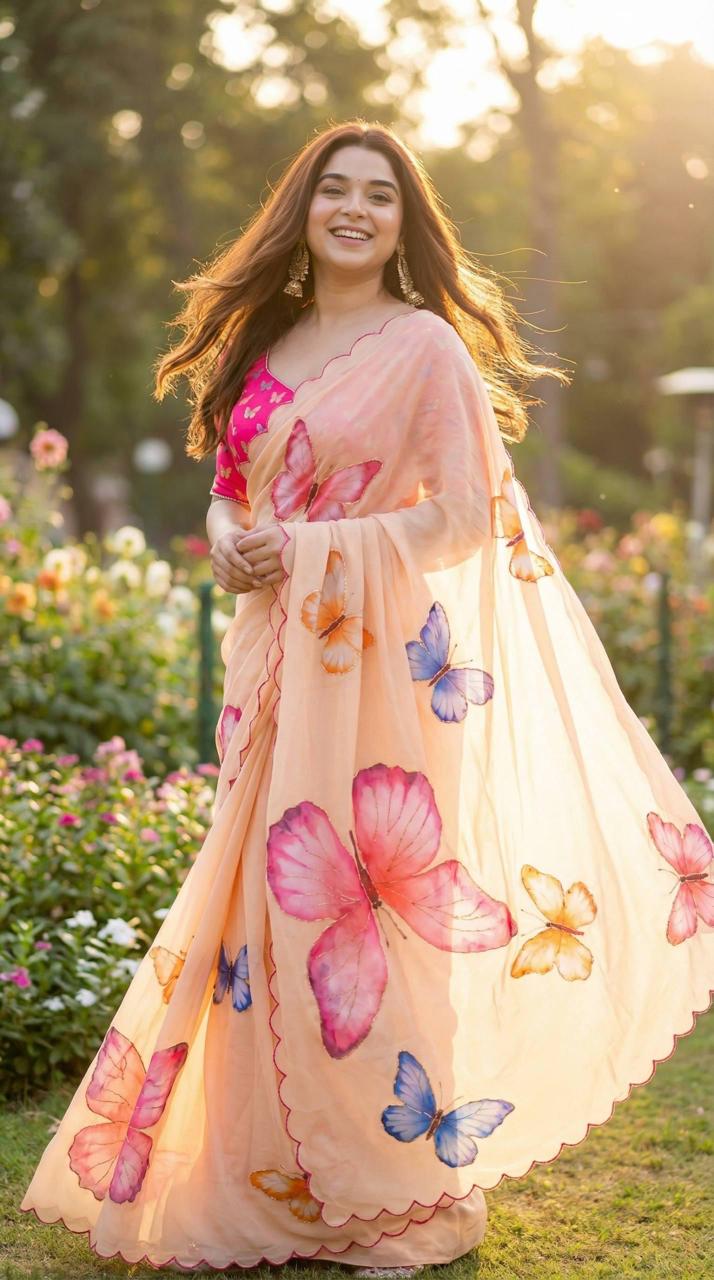 Peach Butterfly Printed Georgette Ready To Wear Saree