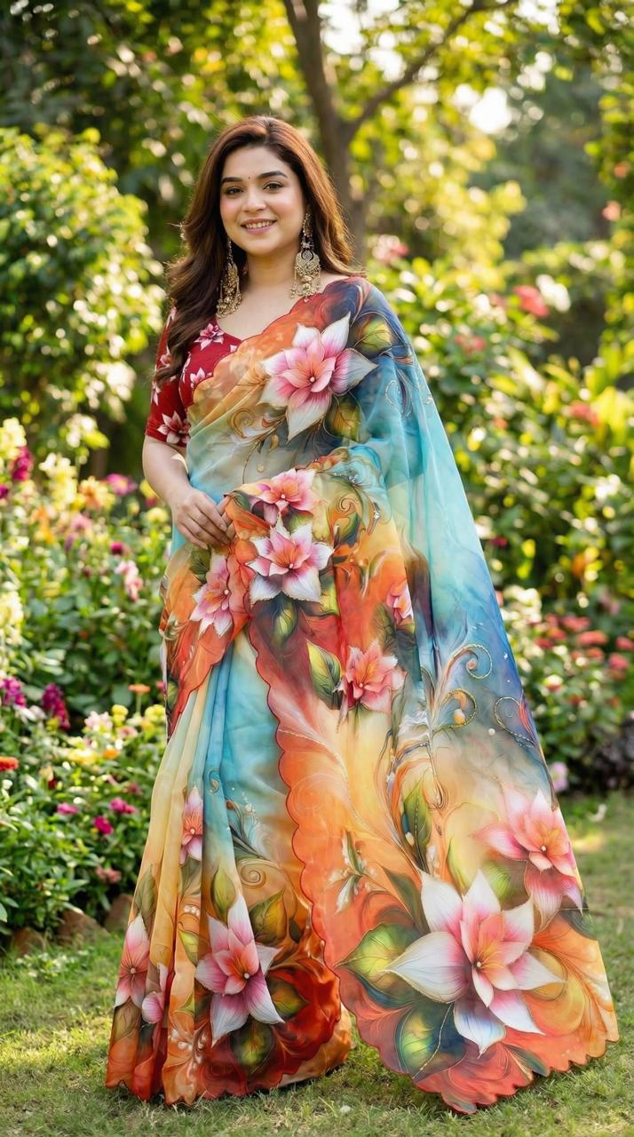 Multicolor Floral Digital Print With  fency arri work Ready To Wear Saree