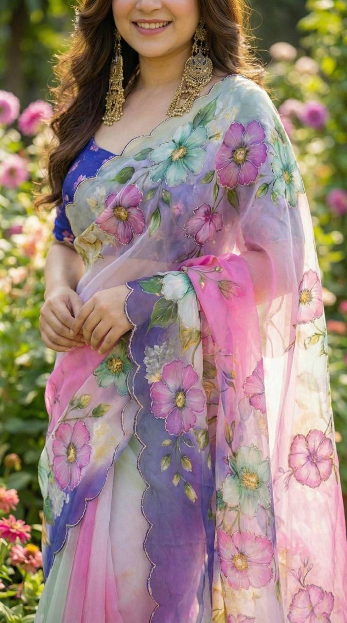 Pastel Ombre Floral With fency arri work Ready To Wear Saree