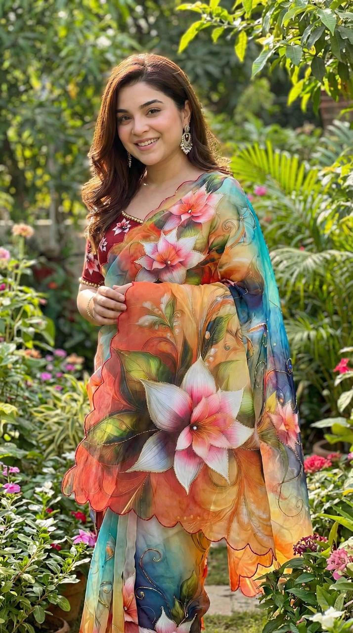 Multicolor Floral Digital Print With  fency arri work Ready To Wear Saree