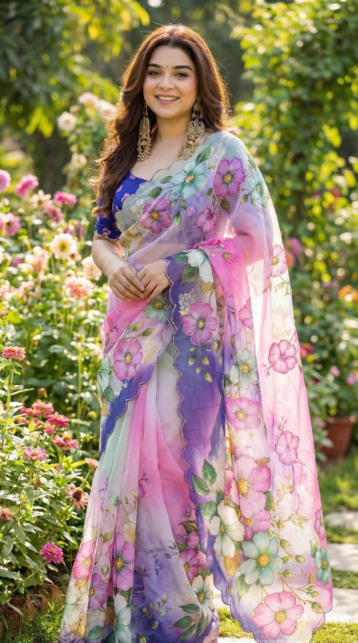 Pastel Ombre Floral With fency arri work Ready To Wear Saree